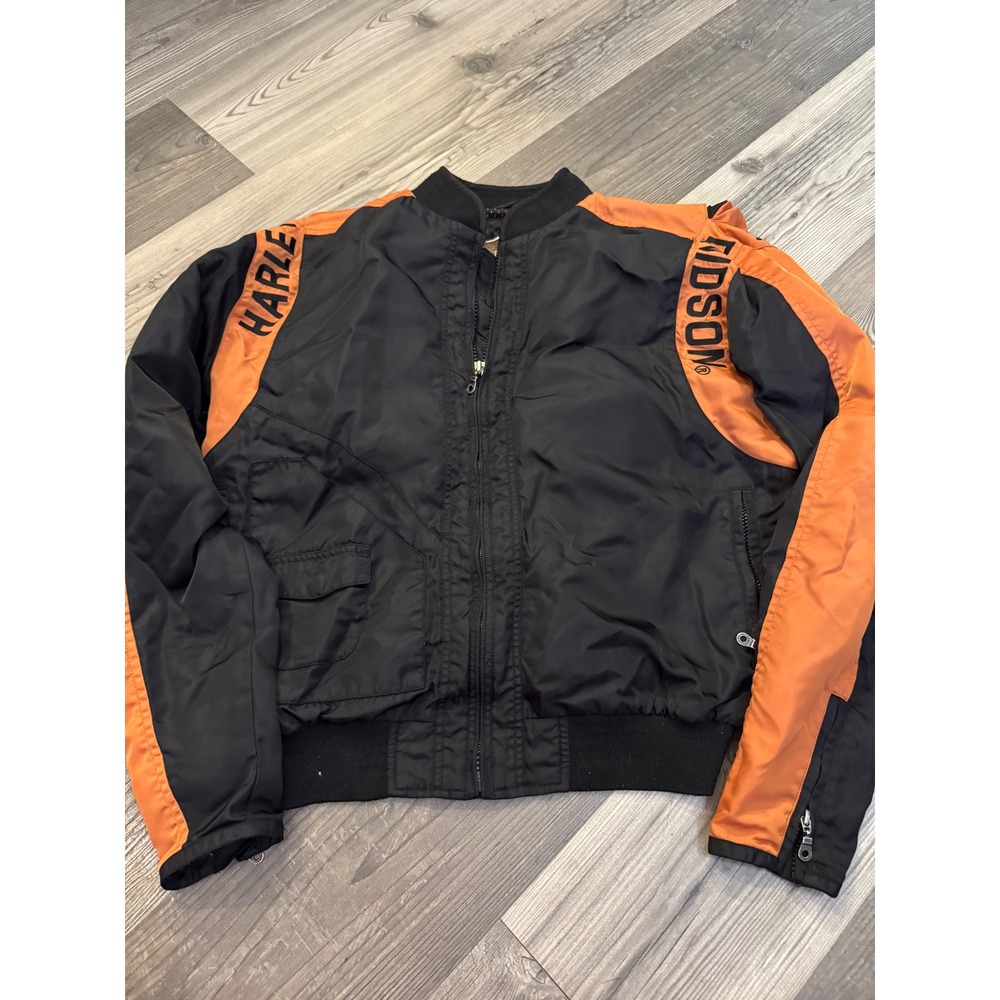 Harley-Davidson Mens Bomber Jacket Black Orange Nylon Biker Large RN 103819